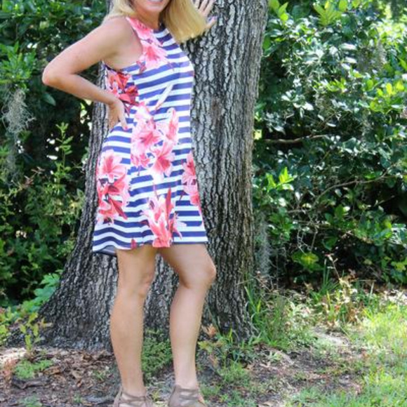 Blue Striped Dress with Red flowers - Picture 4 of 4
